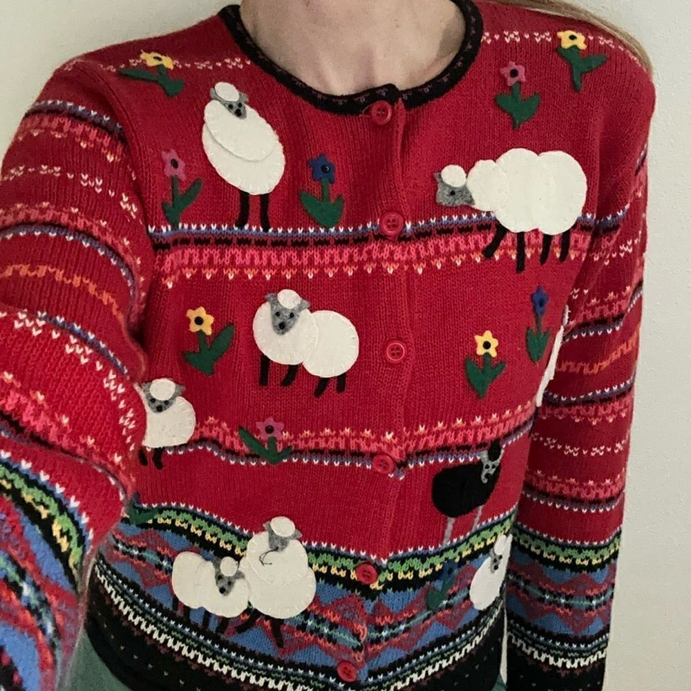 Susan Bristol vintage holiday Christmas sweater red sheep small s